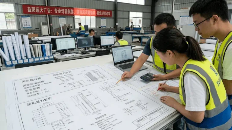 益阳远大广告车间实拍工程师测算户外灯箱风荷载图纸细节