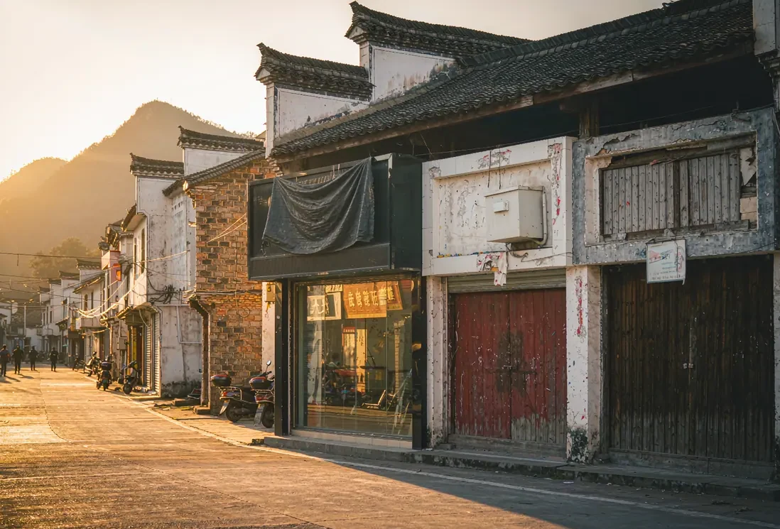 乡镇街边三间小店,门头招牌材质与规格上下不同,午后侧光(AI生成示意图)