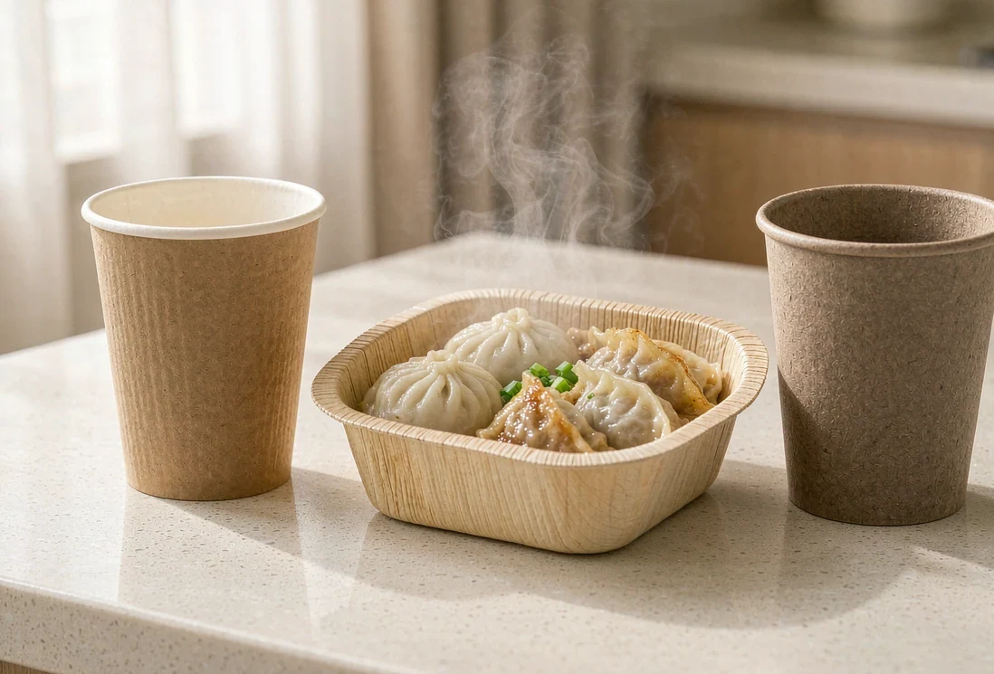 纸浆杯、玉米淀粉模压盘与甘蔗浆杯三类可降解餐具对照(AI生成示意图)