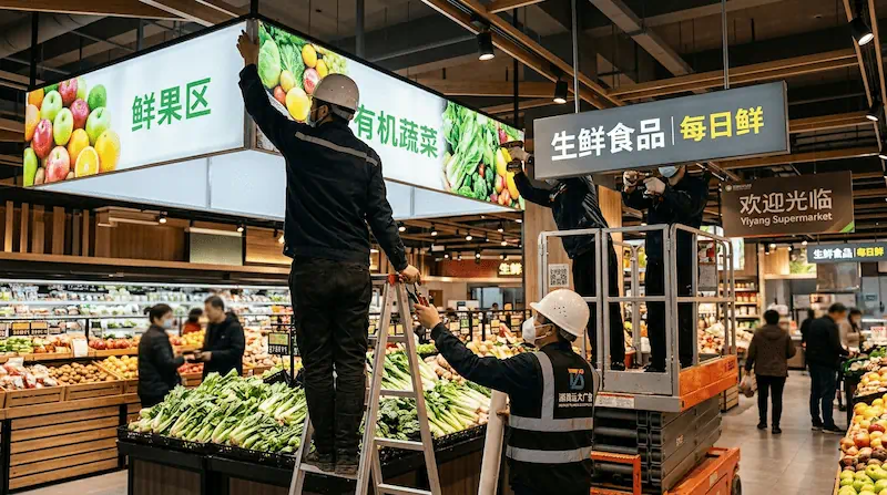 益阳连锁超市品牌视觉全案：高亮无边字门头与生鲜区高显指软膜灯箱