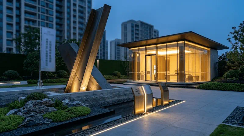 益阳售楼部视觉全案统筹：不锈钢无缝导视与重钢精神堡垒造价解析