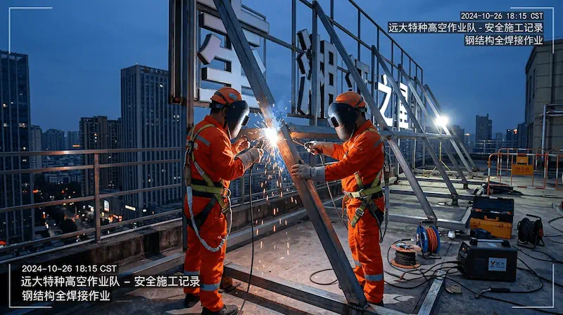 益阳政企大楼15米高空发光字施工规范：穿透式焊接与避雷引下线接入