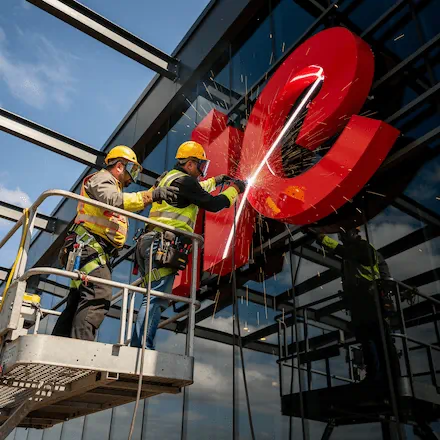 湖南远大广告持证施工团队，正在进行户外大型楼顶发光字的防风防雷高空安装与焊接作业。