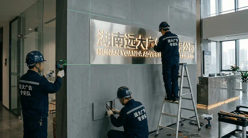 益阳政企前台形象墙视觉统筹：金属精工烤漆字与无痕悬浮布线规范