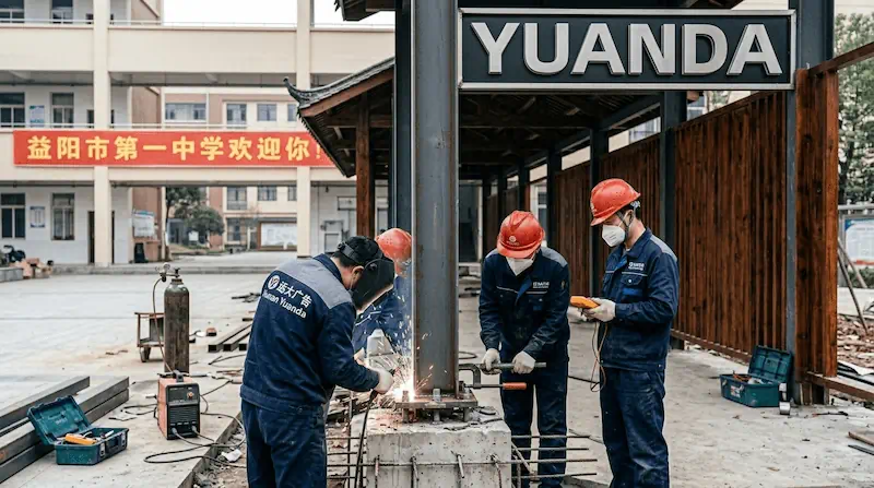 益阳户外校园文化长廊结构验算：深层碳化防腐木包边与热镀锌钢底座工艺